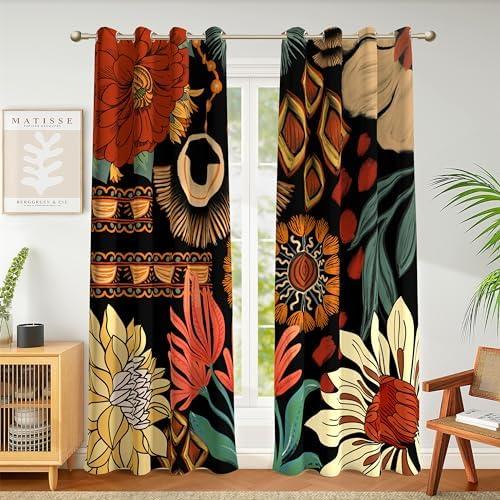 Tyrot 100% Blackout Black Boho Floral Curtains for Living Room 96 inch Long 2 Panels Mid Century Botanical Black Out Curtains for Bedroom Grommet Thermal Insulated Room Darkening Window Drapes,52Wx96L