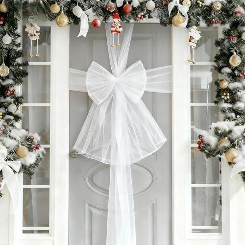 Christmas Cabinet Door Ribbon Bow Large Christmas Door Bow Decoration Xmas Tree Organza Bows Festival Wrapping Decorations for Front Doors Fireplace Wreath Home Holiday Birthday Party Supplies (White)