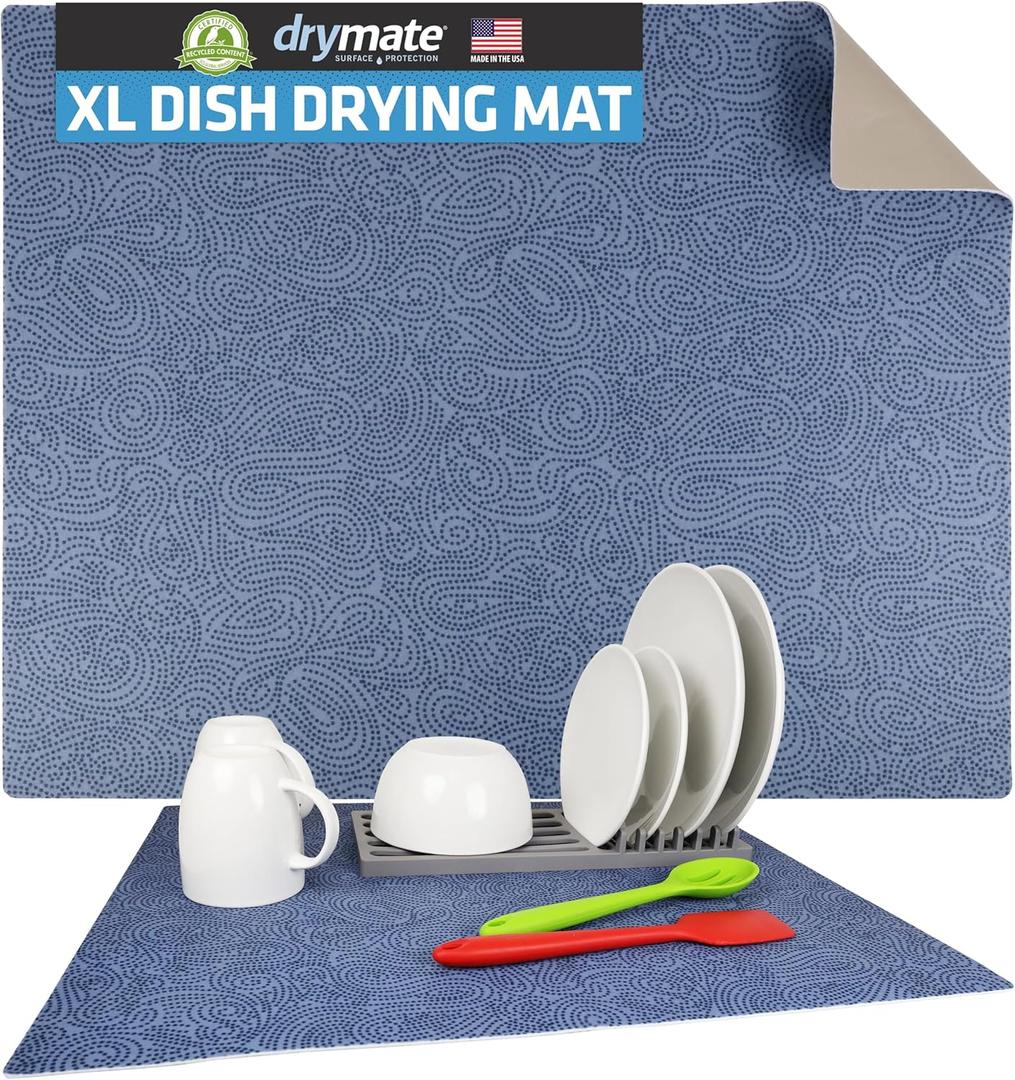Drymate Jumbo XL Dish Drying Mat (19”x24”), Low-Profile, Super Absorbent, Quick Dry Fabric, Waterproof & Slip-Resistant, for Kitchen Counter, Trimmable, Easy to Clean (USA Made)(Blue)