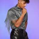 WDIRARA Men's Button Front Short Sleeve Fringe Trim Party Shirt Collar Club Tops (Gray, XL)