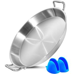 14 Inch Paella Pan, Tri-ply Stainless Steel Induction Compatible Large Spanish Rice Pan, Great for Spanish Rice, Seafood Paella, Authentic Paella, Socarrat, Oven Safe, 5-8 Servings, Detachable Handles