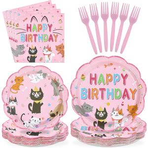 96Pcs Cat Birthday Party Supplies Cats Themed Plates and Napkins Pink Kitten Happy Birthday Tableware Set for Girls Pink Cat Baby Shower Party Supplies Serves 24