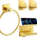 4 Piece Gold Bathroom Hardware Set, Stainless Steel Wall Mounted Towel Hooks, Ring & Oversized Toilet Paper Holder with Shelf, Modern Home Accessories for Bathroom, Washroom, Kitchens and RVs (Gold)