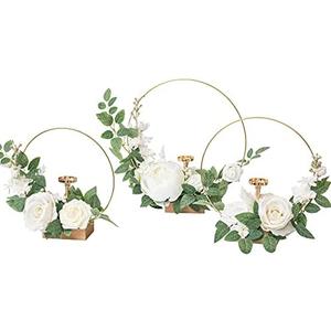 Ling's moment Candle Holder Hoop Wreath Floral Centerpieces for Sweetheart Table, Head Table, Ceremony Reception Artificial Flowers Decorations (Set of 3, White)