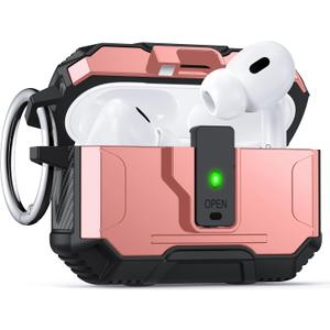 for AirPods Pro 2 Case Cover [Safety Lock] [Magnetic One-Click Open] [Military Shockproof Armor] Double Rugged Outdoor Wireless Charging Case for AirPods Pro 2nd Generation with Keychain, Pink
