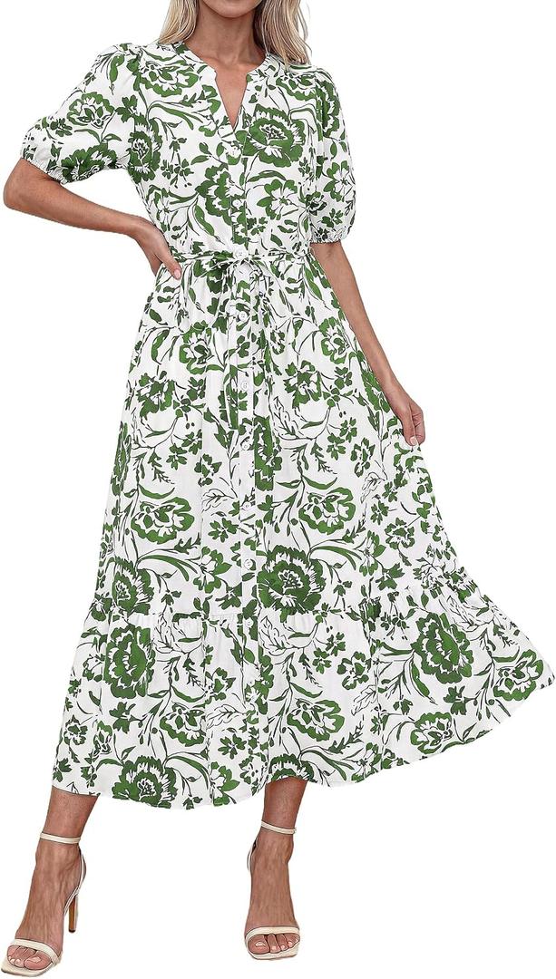 Okiwam Summer Dresses for Women 2026 Casual V Neck Short Sleeve Boho Floral Midi Dress Button Down Beach Vacation Sundress, Large