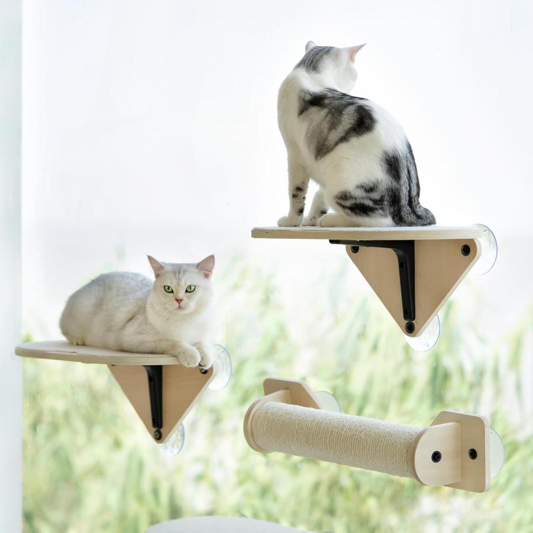 MEWOOFUN Window Perch Hammock with Climbing Steps and Scratching Post - Wooden Window Mounted Cat Bed (3 Pcs Cat Climber Set)