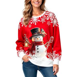 Christmas Sweatshirts for Women:Funny Snowman Printing Xmas Holiday Crewneck Long Sleeve Pullover Top (Large, Red)