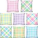 8 Pcs Easter Buffalo Check Plaid Pillow Covers 18x18 Pastel Mix Color Pillows Cases Easter Outdoor Cushion Covers Linen Square Decorative Cushion Cases with Hidden Zipper for Couch Sofa Farmhouse