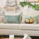 AVOIN colorlife Easter Bless Our Nest Rabbit Easter Eggs Blue Throw Pillow Covers, 12 x 20 Inch Home Sweet Home Eucalyptus Leaves Cushion Case Decoration for Sofa Couch Set of 4