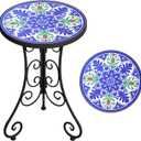 Mosaic Outdoor Side Table, Patio Side Table, Weather Resistant 14" Diameter 21" H Ceramic Tile Round Outside Table for Patio, Porch, Garden, Pool, Indoor&Outdoor,Plant Stand (Blosom Blue)
