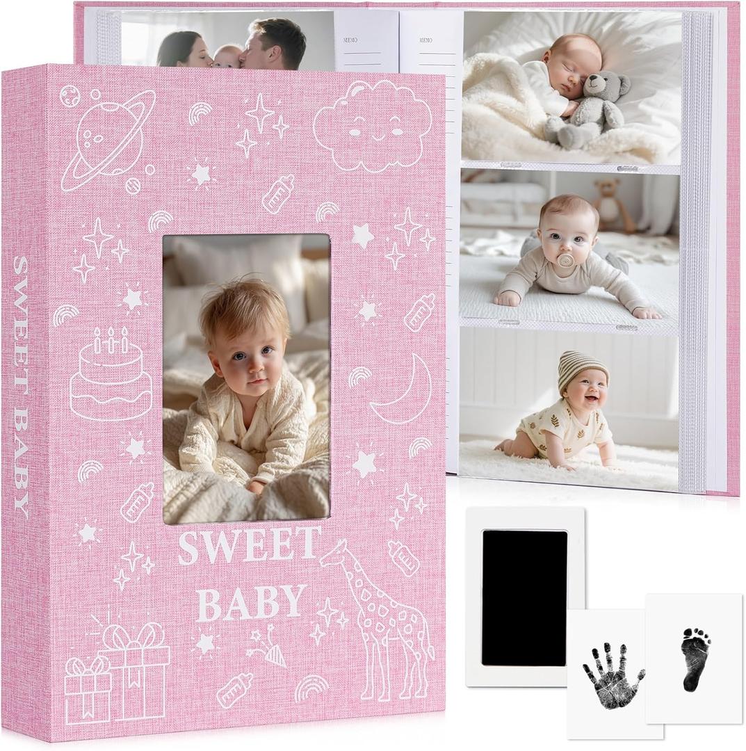 Baby Photo Album 4x6 300 Pockets with Memo Area & Hand and Footprint Kit, Linen Cover Slip-in Memory Book with Front Window, Acid-Free Keepsake for Newborn Boy Girl, First Year Moments, Pink
