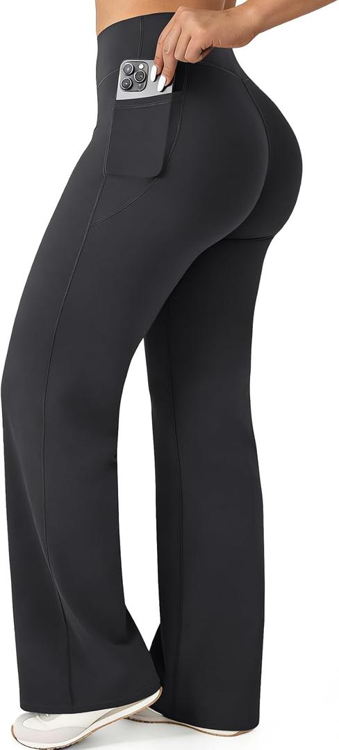 JGS1996 Straight Leg Leggings with Pockets for Women Bottoms Wide Leg Yoga Pants Casual Sweatpants Gym Workout Leggings (Black, M)