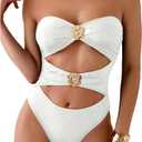 Milumia Women's 3D Floral Cut Out Bandeau Swimwear Sexy Strapless One Piece Swimsuits (White,Small)
