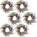 6 Pcs Christmas Candle Rings Wreaths Artificial Red Berries Snowy Pine Candle Rings Holder for Christmas Wedding Home Table Centerpiece