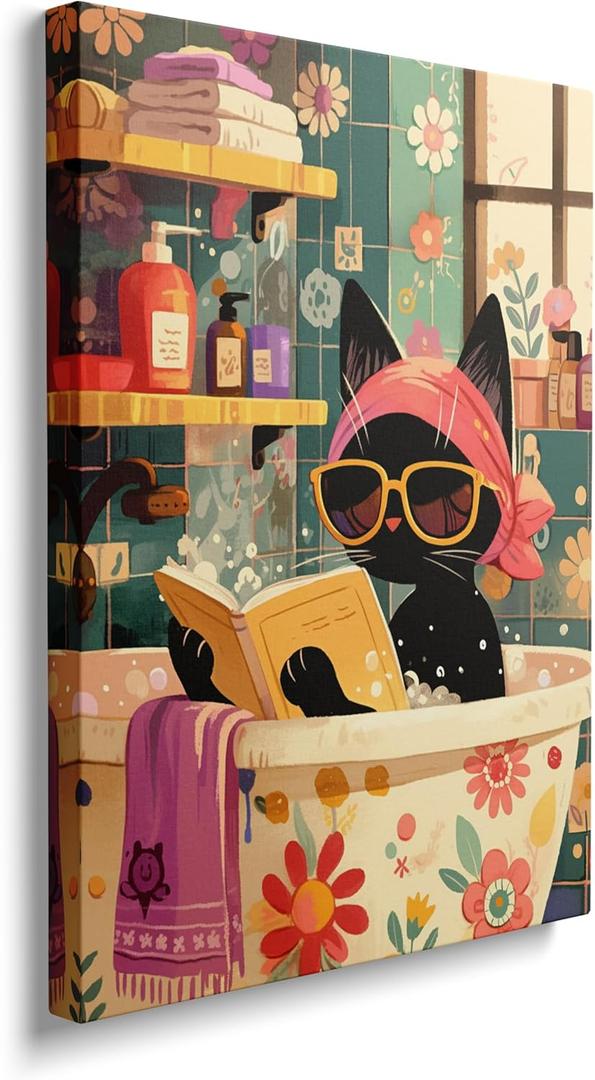 Funny Bathroom Cat Wall Art, Framed Cute Black Cat Bathroom Paintings, Vintage Japanese Cute Animal Art Artwork, Perfect Kids Bathroom Decor, Quirky Bathroom Wall Decoration, Ready to Hang (16"x24")
