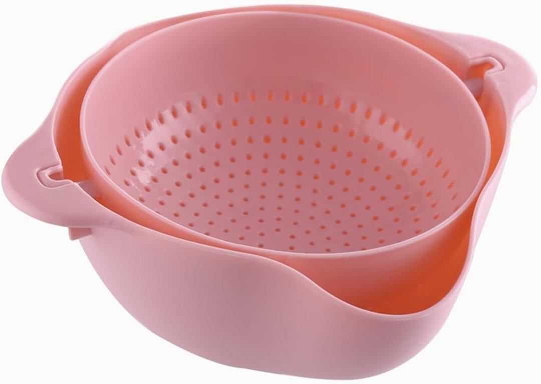 Double Drainer Basket, 1pcs Pack Double Rotatable Colander, Vegetable Strainer, Fruit Wash Bowl, Sink Drainer, Kitchen Strainer (Pink)