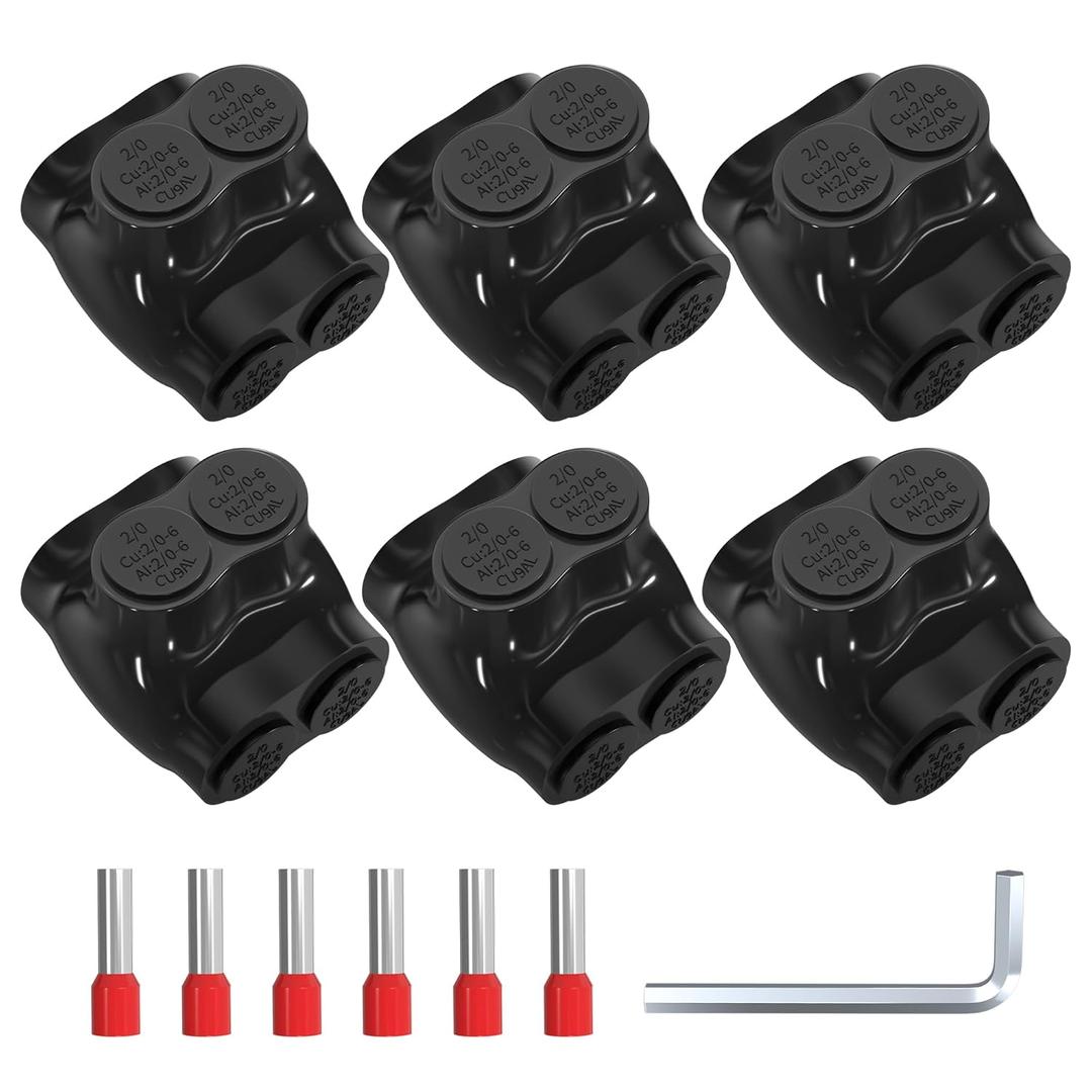 2 Port Insulated Multi Tap Connector 2/0-6 Gauge Wire Connectors Dual Sided Entry Aluminum to Copper Wire Connectors Black Electrical Cable Connectors with Slotted Allen Hex - 6 Pack