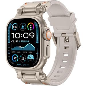 FULLIFE Designed for Apple Watch Band Apple Watch Ultra 3/2/1 49mm for Men, Silicone Rubber Bands with Metal Connector for Apple Watch Series 11/10 46mm, 9/8/7 45mm, SE2/SE 6/5/4 44mm, 3/2/1 42mm (Titanium Adapter-StarLight)