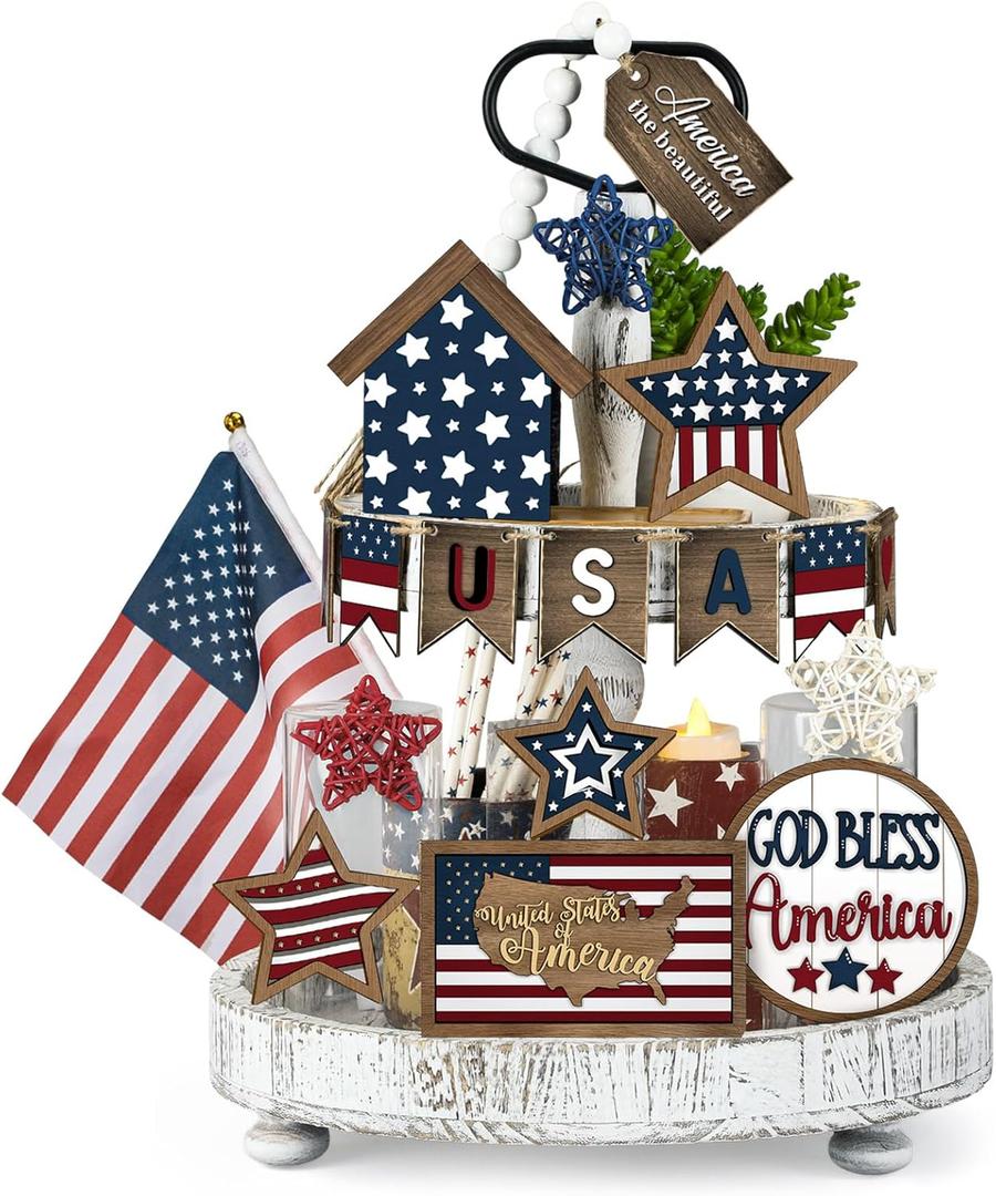 FoldTier 18 Pcs 4th of July Tiered Tray Decor Set Rustic Patriotic Independence Day Decoration Glow Vintage Farmhouse 4th of July Tiered Tray Sign Wooden Red White Blue Decor for Table(Rustic)