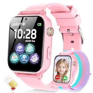 4G Kids Smart Watch GPS Tracker, Smartwatch for Kid with SIM Card, Calling, Voice Chat, Class Mode, SOS, Pedometer, Alarm, Games, HD Touch Screen Phone Watch Gift for 4-12 Girls Boys, Light Pink
