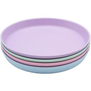 WeeSprout Bamboo Plates, Set of 4, Kid-Sized Dinnerware, Dishwasher Safe Melamine Dishware (Pastel Blue, Mint, Purple & Pink, Without Lids)