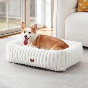 Washable Dog Bed for Small Medium Dogs - Rectangle Orthopedic Corduroy Fleece Pet Bed with Removable Cover and Nonskid Bottom, Calming Puppy Bed Soft Pet Sofa, Cream(30x24x8inchs)