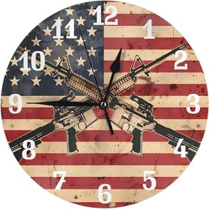 American Flag and Gun Wall Clock 9.84 Inch, Round Silent Non Ticking Modern Clocks Battery Operated for Office, Home, Bathroom, Kitchen, Bedroom, School, Living Room