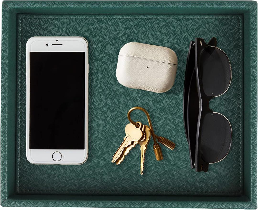 HofferRuffer Faux Leather Decorative Tray, Elegant Desktop Storage Organizer, Decorative Catchall Perfume Tray, Nightstand or Dresser Vanity Tray Organizer, 10.2 x 8.4 x 1.8 inches (Dark Green)