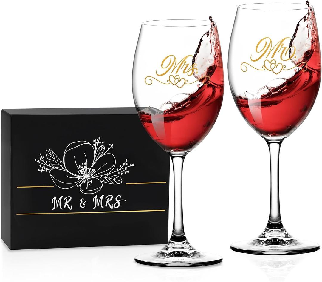 Bridal Shower Gifts Wedding Gifts Engagement Gift for Couples Newlyweds,Mr and Mrs Wine Glass Set,Wedding Glasses for Bride and Groom