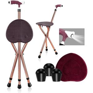 Folding Cane Seat Sturdy Lightweight Adjustable Handle Legs with LED Light Cushion for Elderly Walking Stick 300 lbs Large Plate (A-Classic-Brown)