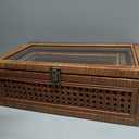 Rattan and Cane Stacking Boxes with Glass Top Lid - Set of 2 11.8" and 14.1", for Boho and Rustic Farmhouse Decor, Brown