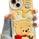 Compatible for iPhone 15 Plus Cartoon Case, Kawaii Cute Bear Case Silicone 3D Cover Strap Soft TPU Shockproof Protective for Kids Girls and Womens