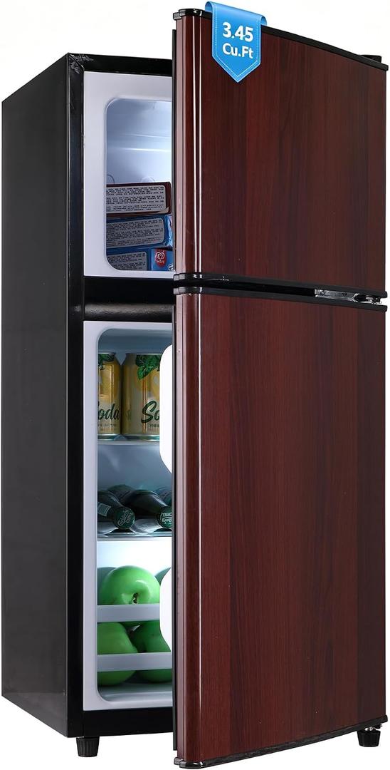 Borcolo Dorm Fridge with Freezer, Small Refrigerator 3.45 Cu. Ft. with Freezer for Apartment, 7-Level Temperature Adjustable Apartment Size Fridge for Kichen, College, Office, Wood