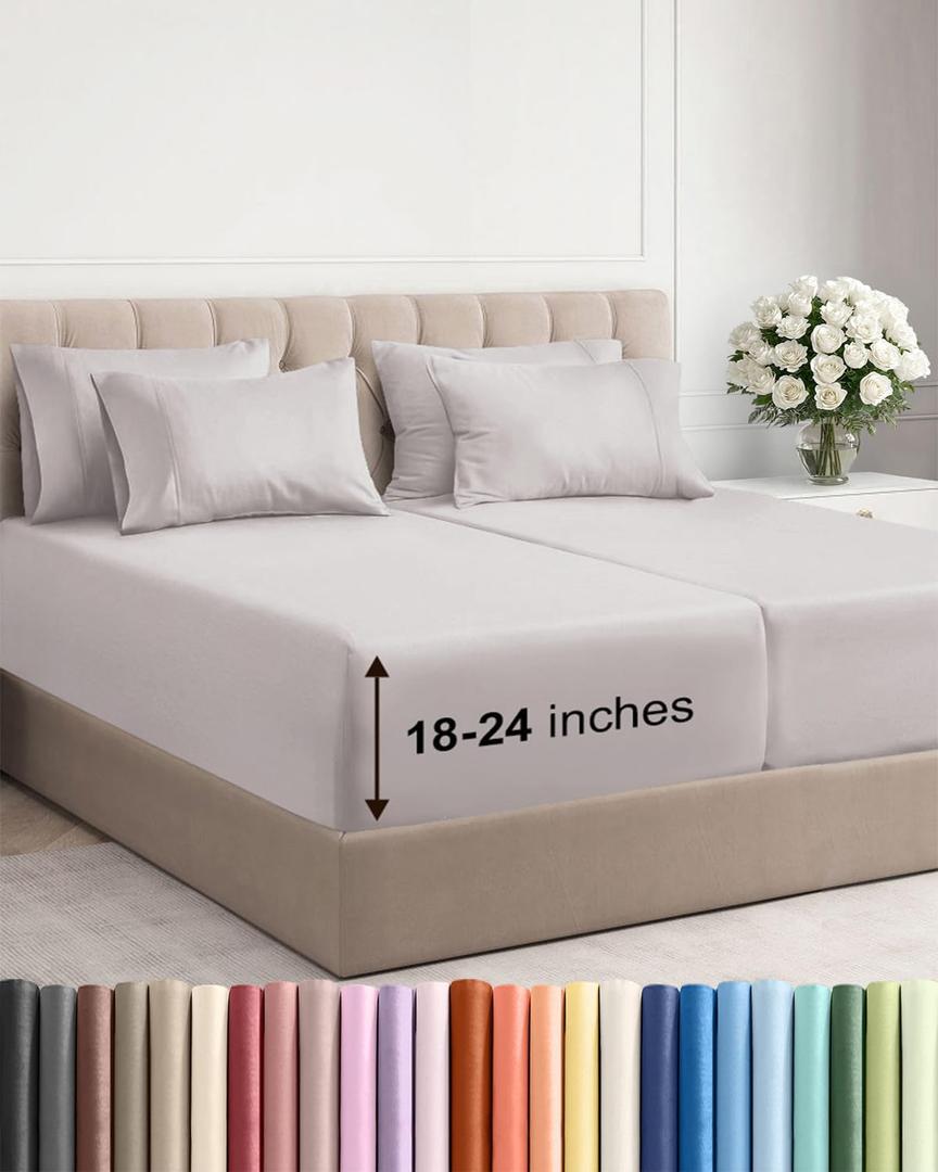 Extra Deep Split King Sheet Set - 7 Piece Breathable and Cooling Sheets - Hotel Luxury Bedding for Women, Men, Kids & Teens - Easy Secure Fit - Soft & Wrinkle Free - Extra Deep Pockets - Light Grey