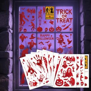 119Pcs Halloween Window Clings, Bloody Footprint Handprint Ghost Zombie Stickers Reusable Scary Decals Halloween Decoration Indoor Party Supplies Home Office Wall Decor, 9 Sheets