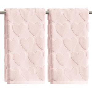Artoid Mode 2 Pcs Pink 3D Love Heart Jacquard Valentine Hand Towels for Bathroom, 100% Cotton Soft Absorbent Bathroom Decor Towels, 13.7 x 29.5 Inch
