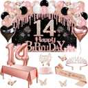 14th Birthday Decorations for Girls, 49pcs Black Rose Gold Black Banner, Tablecloth, Butterfly Decor, 14th Birthday Sash and Tiara, Cake Topper, Candles, Balloons Arch
