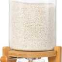 5-7 Lbs Glass Rice Dispenser with Wooden Stand Flour and Cereal Container with Glass Measuring Cup Pantry Food Organization Storage Bin with Airtight Bamboo Lid, 3L