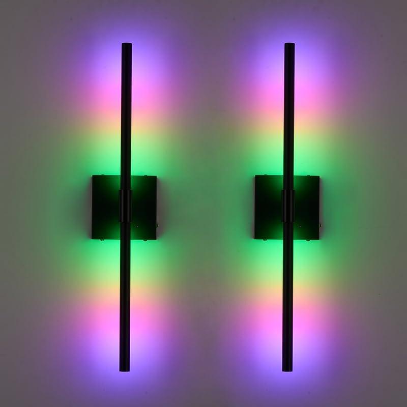 RGB Lighting Battery Operated Wall Sconces Set of 2, Dimmable Rechargeable Wall Sconce with Remote Control, 24 Inch Black LED Modern Wireless Wall Lights for Bedroom, Living Room