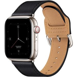 POWER PRIMACY Leather Bands Compatible with Apple Watch Band 38mm 40mm 41mm 42mm-Series 11/10,Genuine Leather Strap Compatible for Women Men iWatch SE Series 11 10 9 8 7 6 5 4 3 2 1(Black/Starlight Silver)