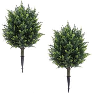 23 Inch Artificial Cedar Topiary Balls Tree, UV Resistant Faux Boxwood Trees with Ground Spike, Perfect for Indoor & Outdoor Garden, Porch, Front Door, and Home Dcor, Set of 2