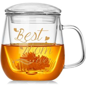Glass Tea Cup 17.6oz, Best Mom Ever Mothers Day Cup with Gift Box, Gifts Mug for Mom, Glass Mug Teacup, Tea Cups for Mom Birthday, Perfect for Grandma & Daughter.