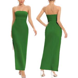 JLCNCUE Women's Tube Strapless Maxi Dress Side Slit Bodycon Dresses Sleeveless Off Shoulder Backless Cocktail Dress 295 (Medium, Green)