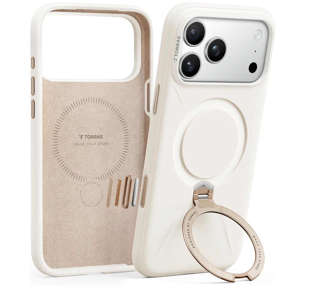 TORRAS Q3 Silicone 360 Spin for iPhone 17 Pro Case with Stand, Fit for MagSafe, Magnetic Ring Kickstand with Camera Control, Liquid Silicone Rubber Soft Phone Case for iPhone 17 Pro 6.3'', Light Ivory