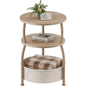Round Side Table with Storage Basket, End Table Living Room, 15.75" Dia