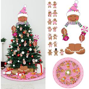 Hungdao 32 Pcs Gingerbread Man Christmas Decoration Gingerbread Man Christmas Tree Topper Head Arm and Leg Xmas Tree Skirt Wooden Ornament for Xmas Holiday Indoor Party Supplies (Pastel Pink)