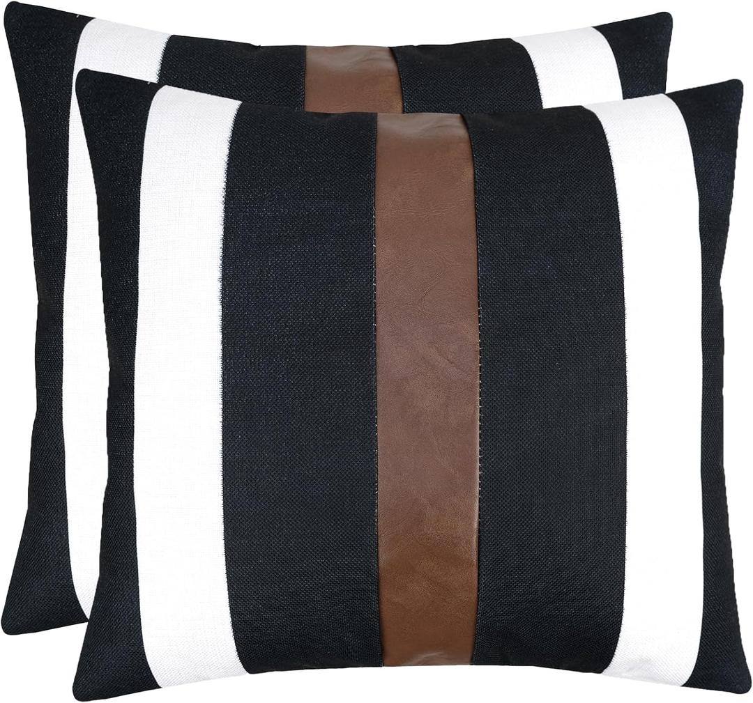 JASEN Set of 2 Faux Leather and Linen Lumbar Pillow Covers Black and White Modern Farmhouse Rectangular Accent Cushion Covers for Couch Sofa 18" x 18"