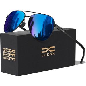 LUENX Aviator Sunglasses for Men Women Polarized - UV400 Protection, Stylish Shades, Driving, Outdoor Activities (A14-blue Lens/Black Frame/Mirrored/Without Zipper Case/1 Pair)