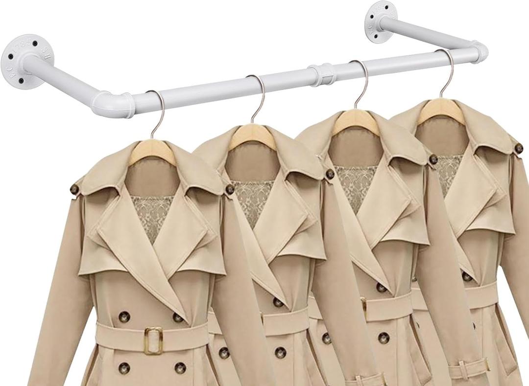 Industrial Iron Pipe Clothes Hanging Bar DIY Wall-Mounted Garment Rack Heavy Duty Clothing Rack for Bedroom, Laundry Room, Closet Storage (White 28 inch)